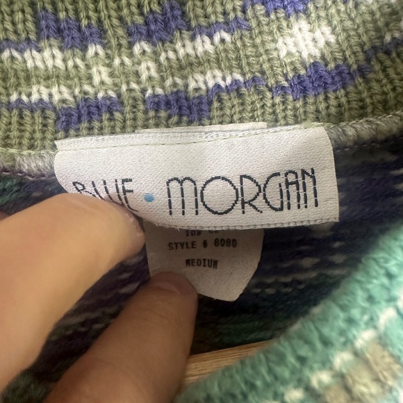 Vintage Blue & Green Nordic Fair Isle Mockneck Grannycore Sweater Sz Medium - Picture 7 of 8
